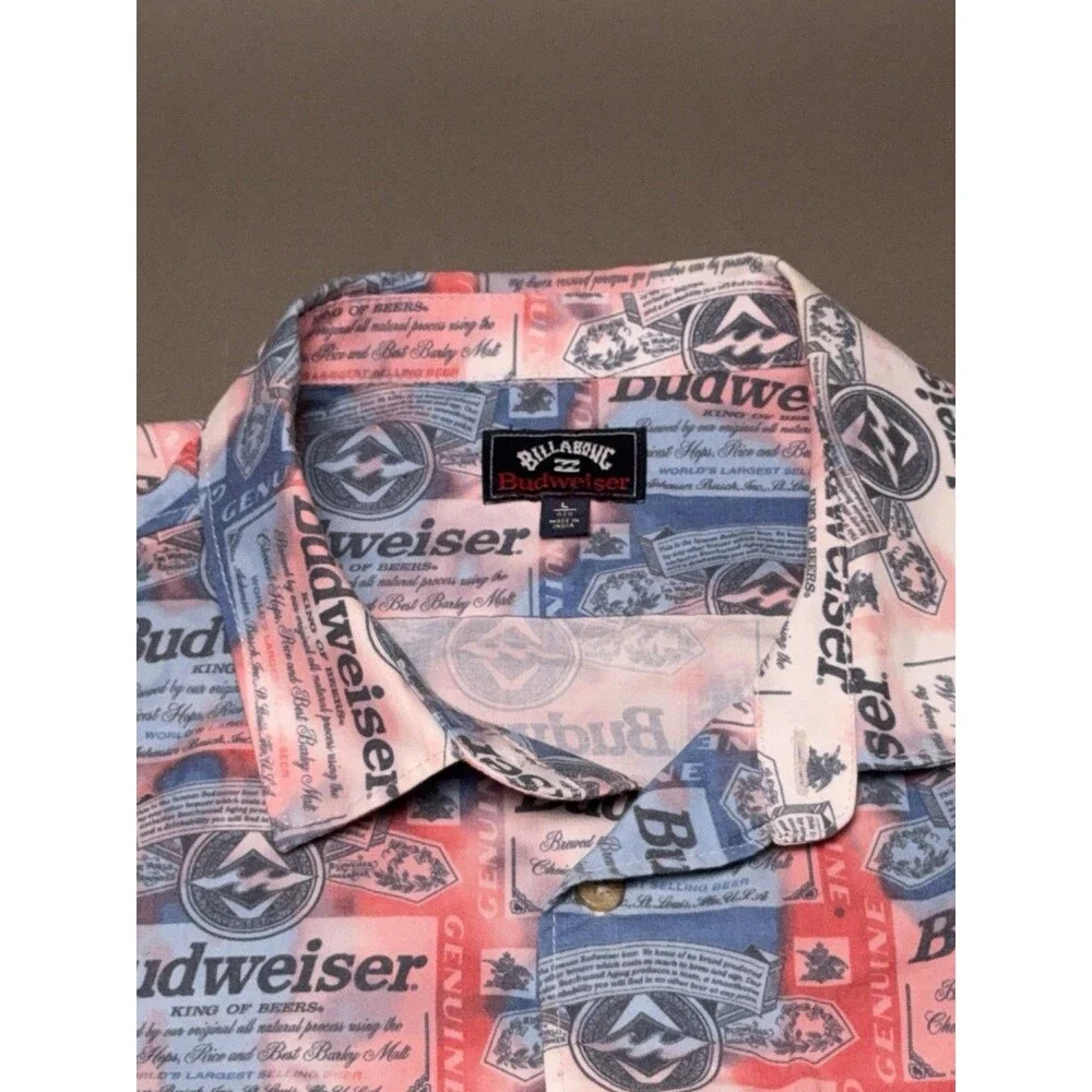Billabong Budweiser Beer Label Print Button Down Shirt Mens Large Multicolor
